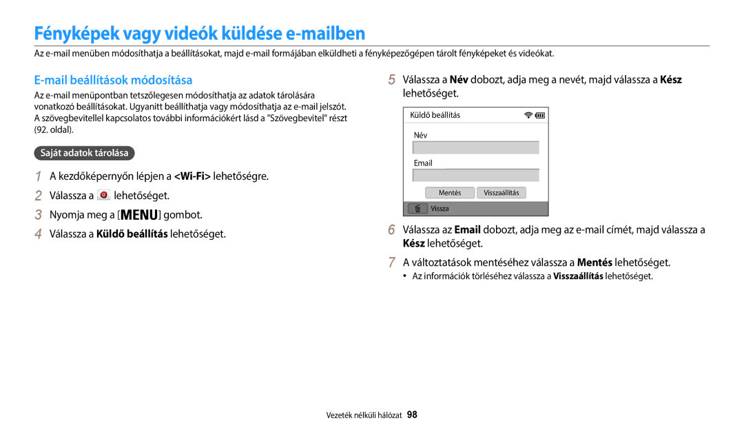 Samsung EC-WB35FZBPLE3 manual Fényképek vagy videók küldése e-mailben, Mail beállítások módosítása, Saját adatok tárolása 