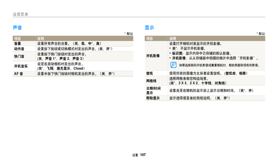 Samsung EC-WB35FZBPBE3, EC-WB35FZBPWE3 manual 设置所有声音的音量。（关、低、中*、高）, 设置半按下快门按钮时相机发出的声音。（关、开*）, 使用所需的图像为主屏幕设置壁纸。 壁纸库、相册） 