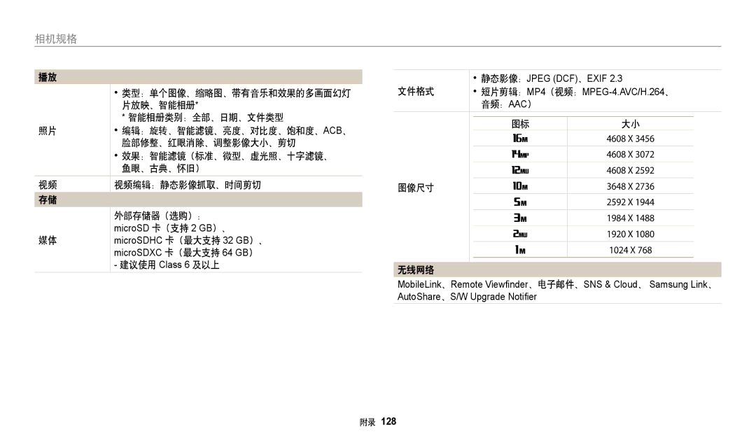 Samsung EC-WB35FZBPWE3, EC-WB35FZBPBE3 manual 智能相册类别：全部、日期、文件类型, 视频编辑：静态影像抓取、时间剪切, 建议使用 Class 6 及以上, 文件格式, 图像尺寸, 无线网络 