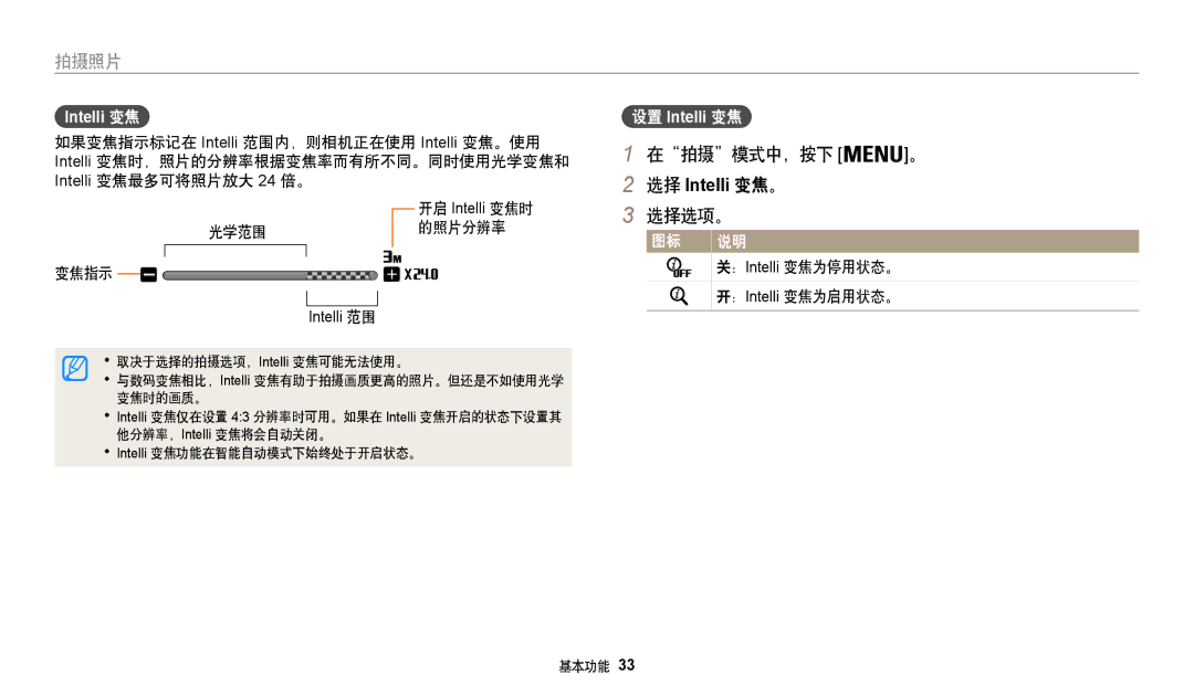 Samsung EC-WB35FZBPRE3, EC-WB35FZBPBE3, EC-WB35FZBPWE3 在拍摄模式中，按下, 光学范围 变焦指示, 的照片分辨率, ： Intelli 变焦为停用状态。, ： Intelli 变焦为启用状态。 