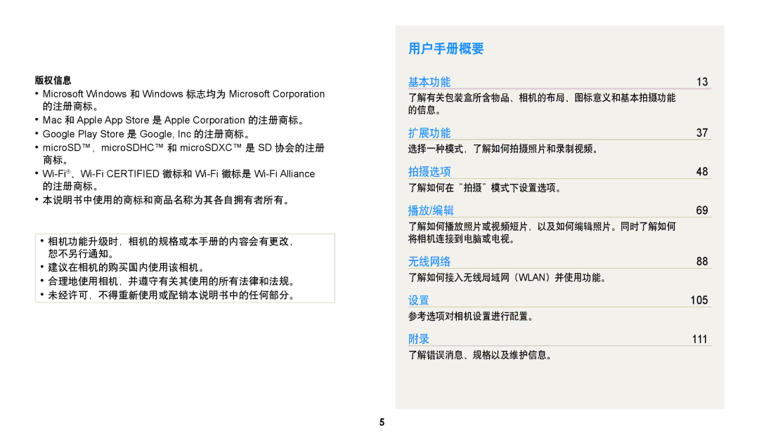 Samsung EC-WB35FZBPRE3, EC-WB35FZBPBE3, EC-WB35FZBPWE3, EC-WB35FZBPLE3 manual 用户手册概要 