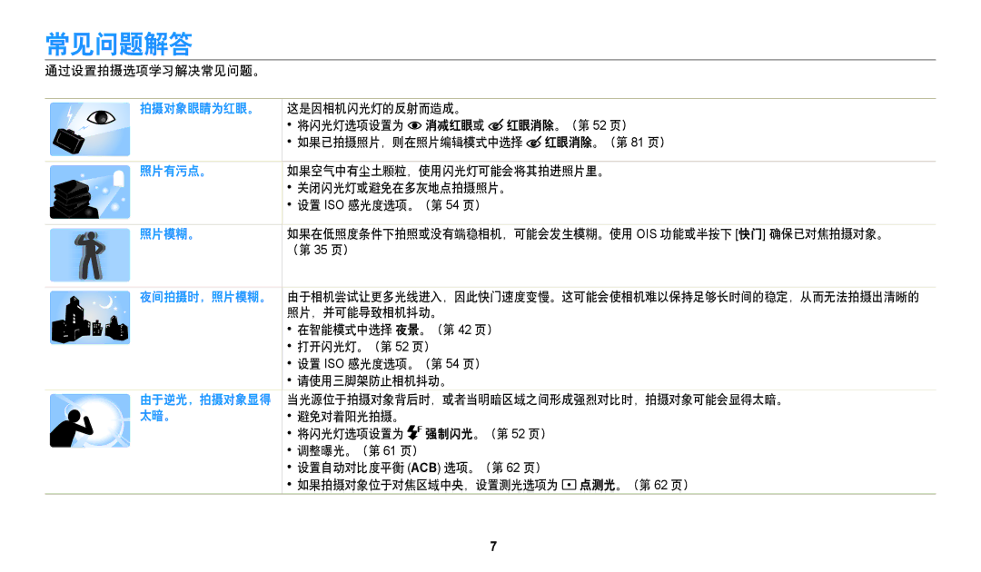 Samsung EC-WB35FZBPBE3 manual 常见问题解答, 通过设置拍摄选项学习解决常见问题。, 如果空气中有尘土颗粒，使用闪光灯可能会将其拍进照片里。, 关闭闪光灯或避免在多灰地点拍摄照片。, （第 35 页） 