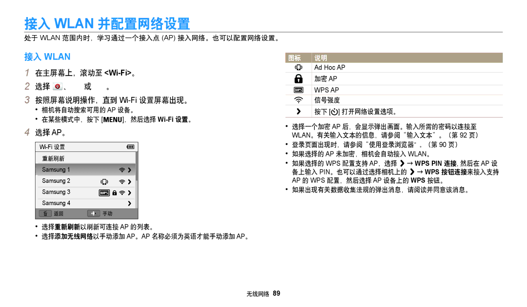 Samsung EC-WB35FZBPRE3, EC-WB35FZBPBE3 manual 接入 Wlan 并配置网络设置, 在主屏幕上，滚动至 Wi-Fi。 选择 、 或 。 按照屏幕说明操作，直到 Wi-Fi设置屏幕出现。, 选择 Ap。 