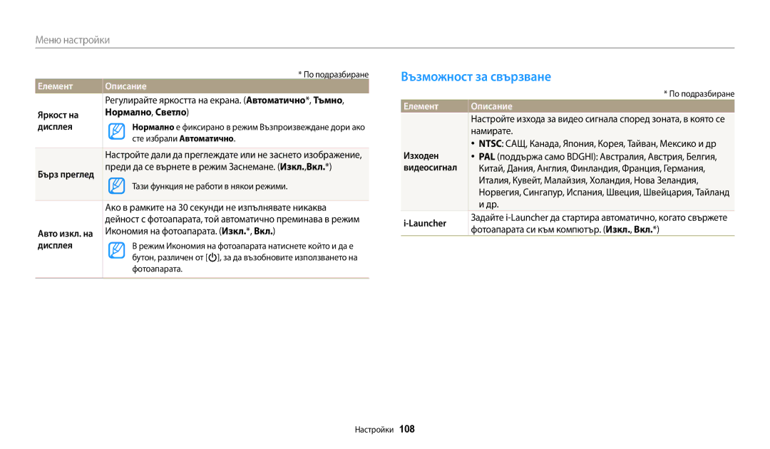 Samsung EC-WB35FZBPBE3 manual Възможност за свързване, Яркост на Нормално, Светло Дисплея, Изходен, Видеосигнал, Launcher 