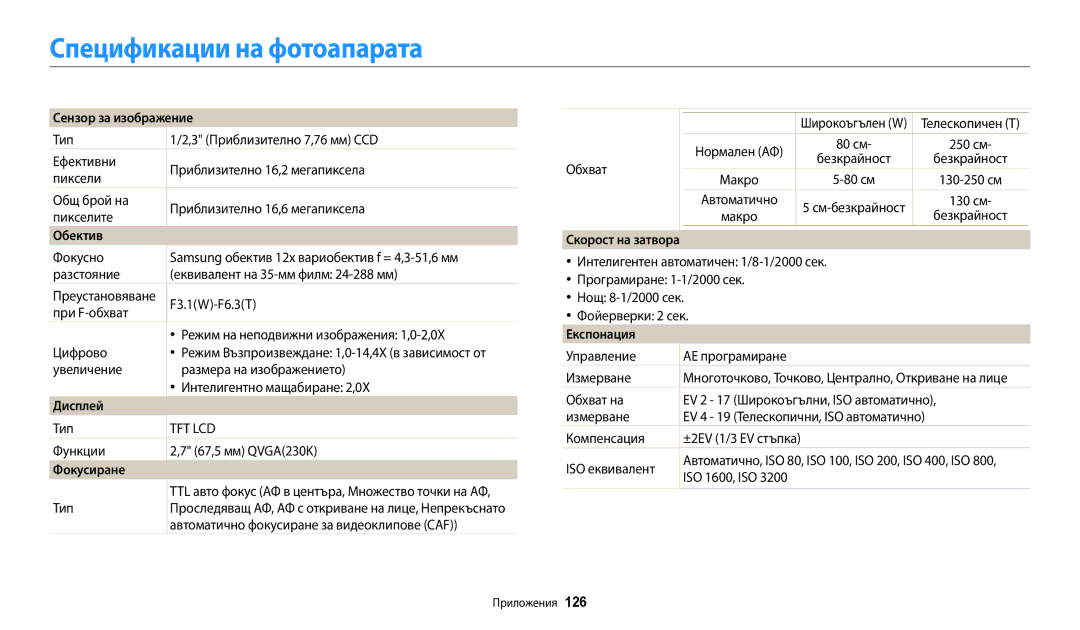 Samsung EC-WB35FZBPBE3 manual Спецификации на фотоапарата 