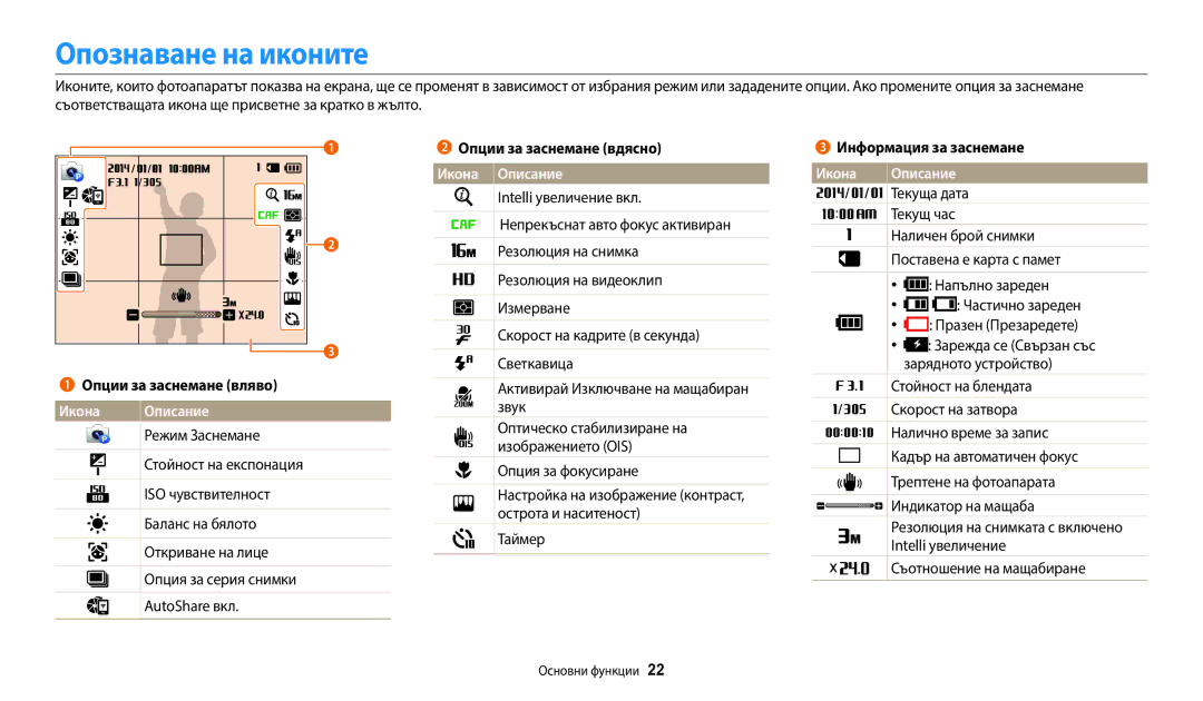 Samsung EC-WB35FZBPBE3 manual Опознаване на иконите, Опции за заснемане вляво, Икона Описание, Информация за заснемане 