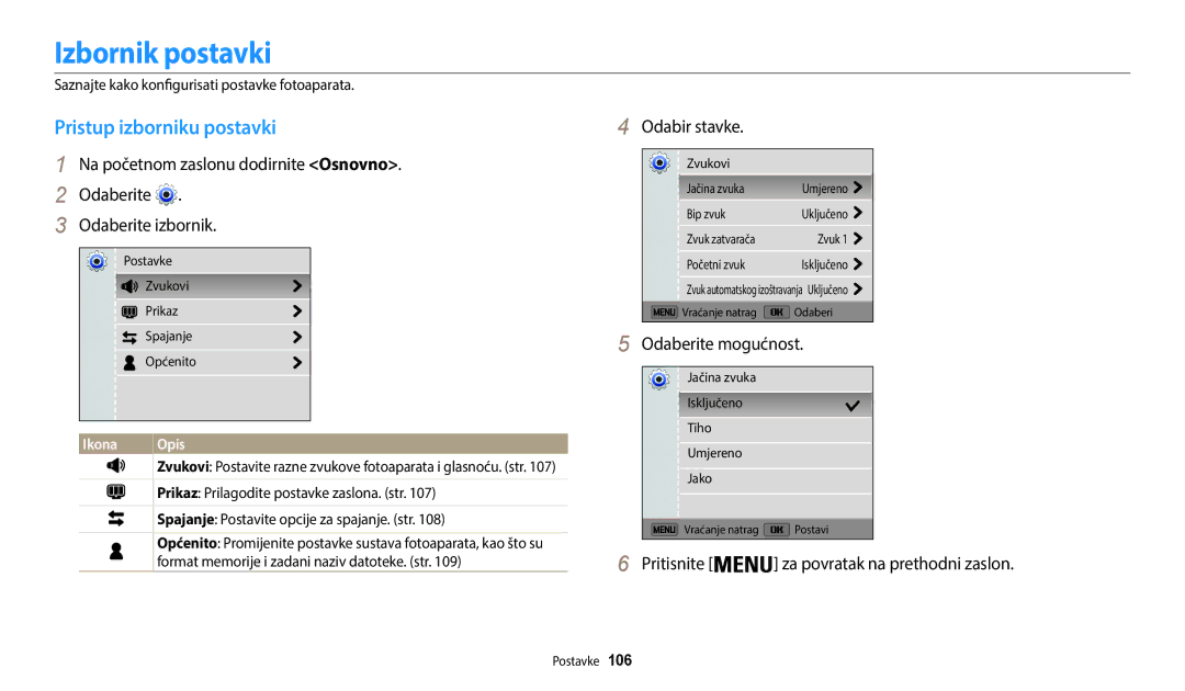 Samsung EC-WB35FZBPBE3 manual Izbornik postavki, Pristup izborniku postavki, Odabir stavke 