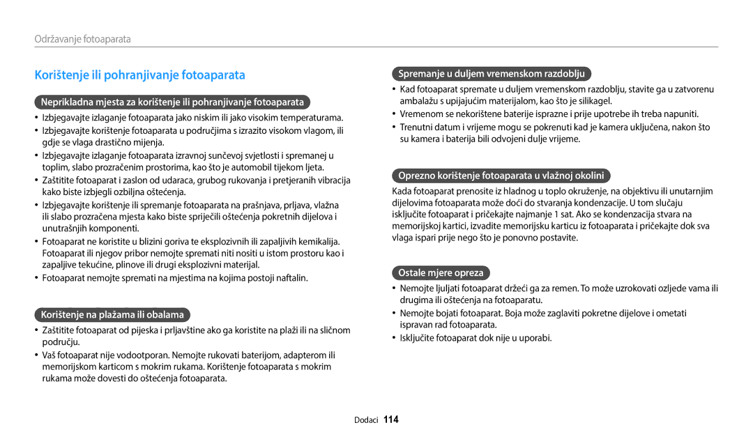 Samsung EC-WB35FZBPBE3 Korištenje ili pohranjivanje fotoaparata, Korištenje na plažama ili obalama, Ostale mjere opreza 