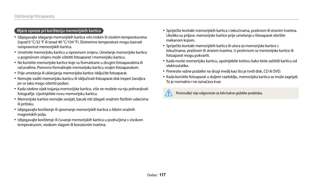 Samsung EC-WB35FZBPBE3 manual Mjere opreza pri korištenju memorijskih kartica 