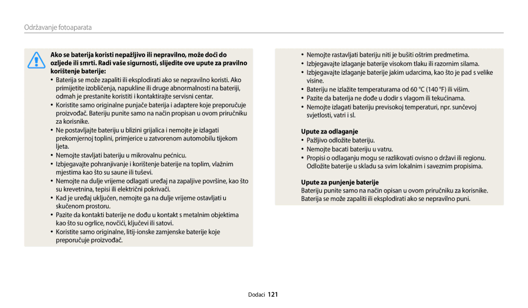 Samsung EC-WB35FZBPBE3 manual Upute za odlaganje, Pažljivo odložite bateriju Nemojte bacati bateriju u vatru 