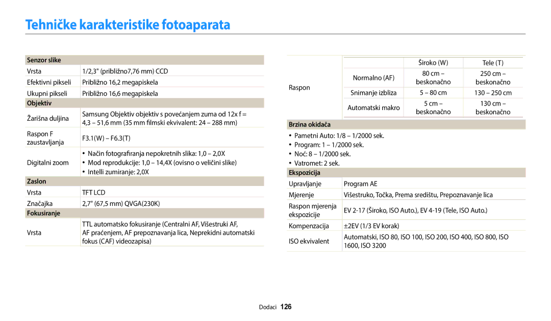 Samsung EC-WB35FZBPBE3 manual Tehničke karakteristike fotoaparata 