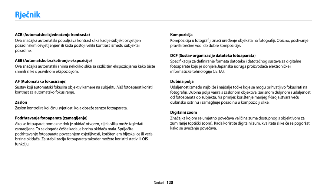 Samsung EC-WB35FZBPBE3 manual Rječnik 