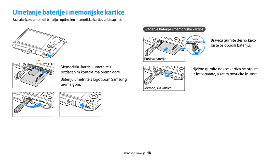 Samsung EC-WB35FZBPBE3 manual Umetanje baterije i memorijske kartice, Bateriju umetnite s logotipom Samsung prema gore 