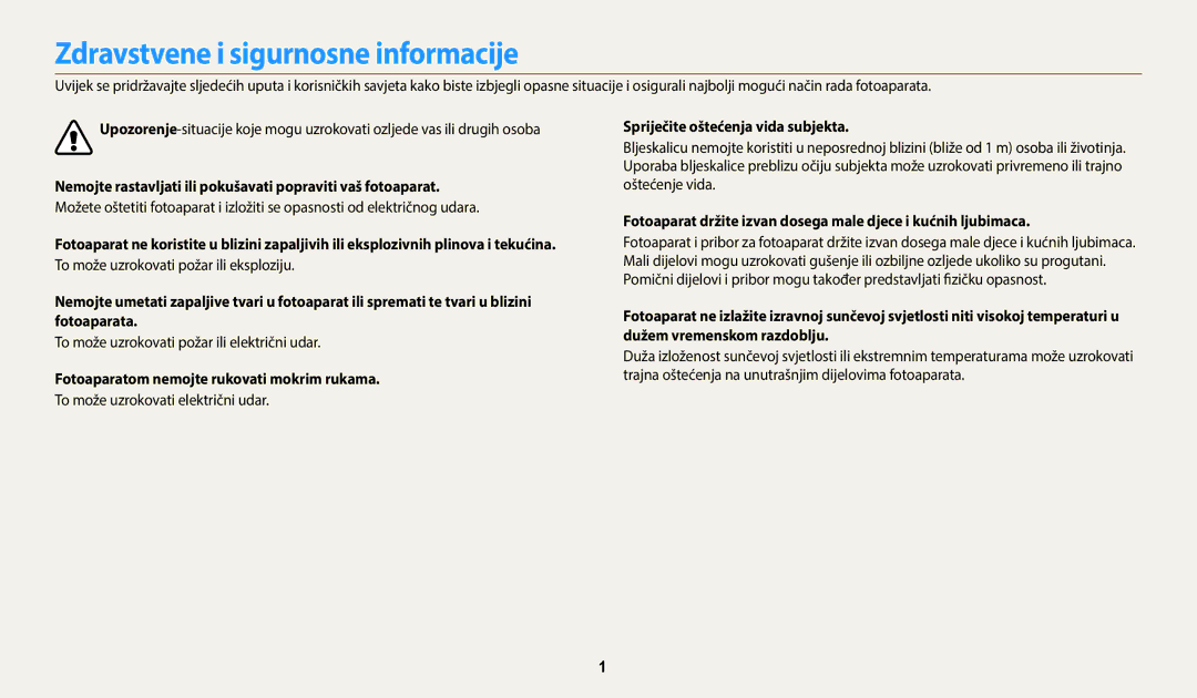 Samsung EC-WB35FZBPBE3 Zdravstvene i sigurnosne informacije, Nemojte rastavljati ili pokušavati popraviti vaš fotoaparat 