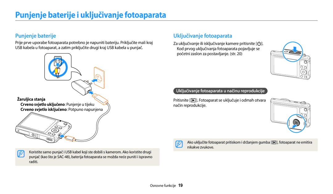 Samsung EC-WB35FZBPBE3 manual Punjenje baterije i uključivanje fotoaparata, Uključivanje fotoaparata 