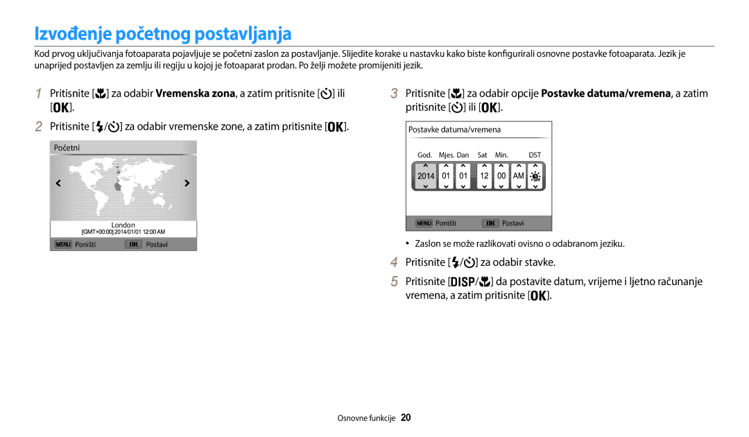 Samsung EC-WB35FZBPBE3 manual Izvođenje početnog postavljanja, Zaslon se može razlikovati ovisno o odabranom jeziku 