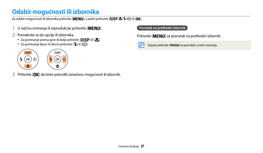 Samsung EC-WB35FZBPBE3 manual Odabir mogućnosti ili izbornika, Pritisnite za povratak na prethodni izbornik 