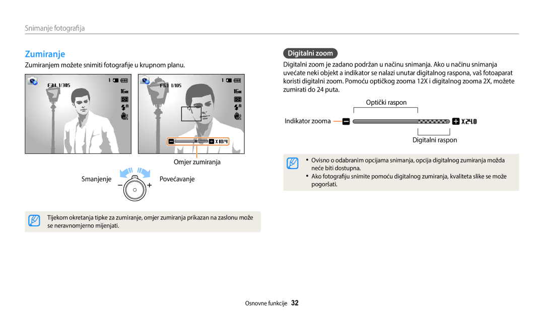 Samsung EC-WB35FZBPBE3 manual Zumiranje, Snimanje fotografija, Digitalni zoom 