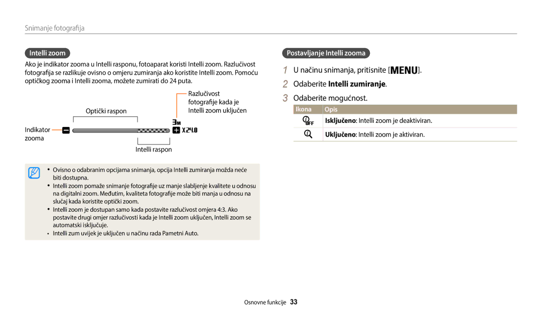 Samsung EC-WB35FZBPBE3 manual Odaberite Intelli zumiranje, Postavljanje Intelli zooma 