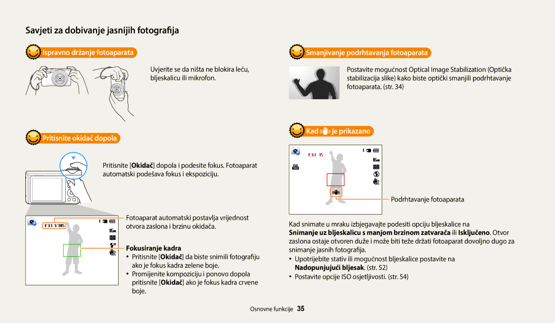 Samsung EC-WB35FZBPBE3 manual Ispravno držanje fotoaparata, Kad, Pritisnite okidač dopola, Fokusiranje kadra 