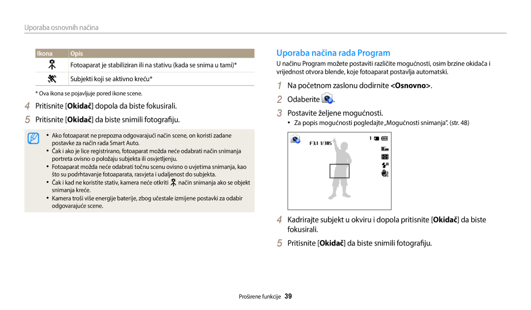 Samsung EC-WB35FZBPBE3 manual Uporaba načina rada Program, Uporaba osnovnih načina, Subjekti koji se aktivno kreću 