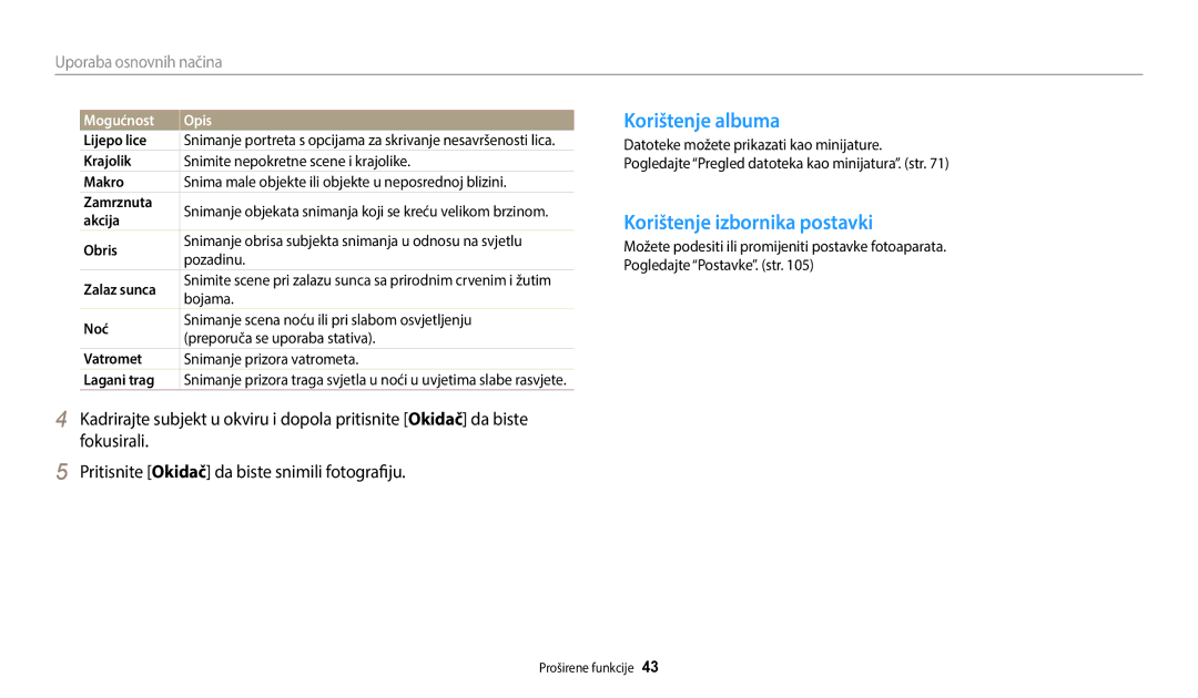 Samsung EC-WB35FZBPBE3 manual Korištenje albuma, Korištenje izbornika postavki 