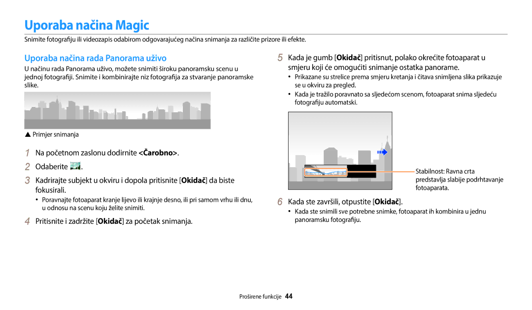 Samsung EC-WB35FZBPBE3 manual Uporaba načina Magic, Uporaba načina rada Panorama uživo, Kada ste završili, otpustite Okidač 