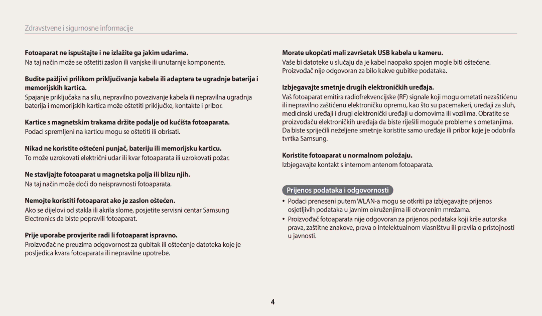 Samsung EC-WB35FZBPBE3 manual Prijenos podataka i odgovornosti 