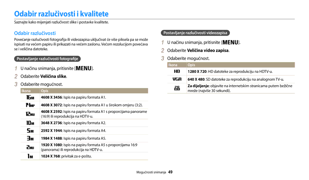 Samsung EC-WB35FZBPBE3 manual Odabir razlučivosti i kvalitete, Načinu snimanja, pritisnite, Odaberite Veličina slike 