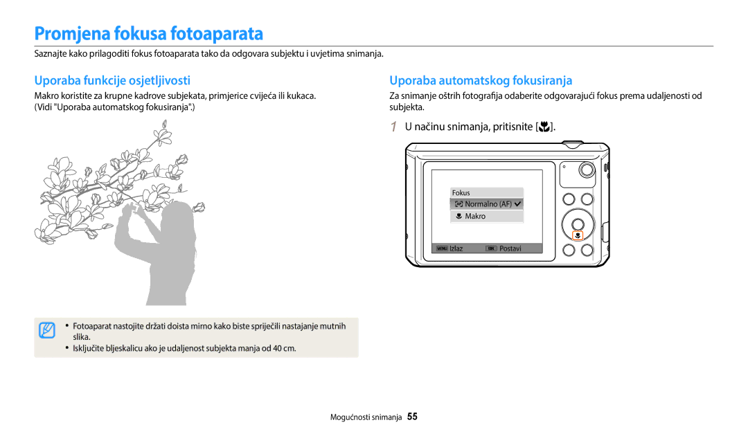 Samsung EC-WB35FZBPBE3 manual Promjena fokusa fotoaparata, Uporaba funkcije osjetljivosti, Uporaba automatskog fokusiranja 