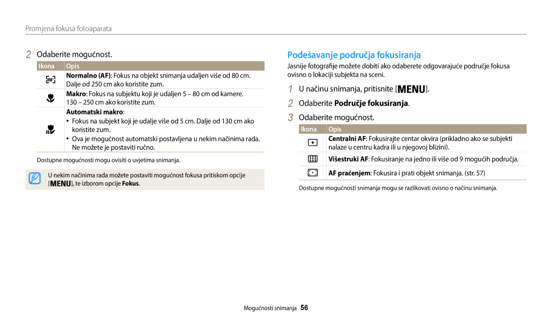 Samsung EC-WB35FZBPBE3 manual Podešavanje područja fokusiranja, Odaberite Područje fokusiranja, Promjena fokusa fotoaparata 