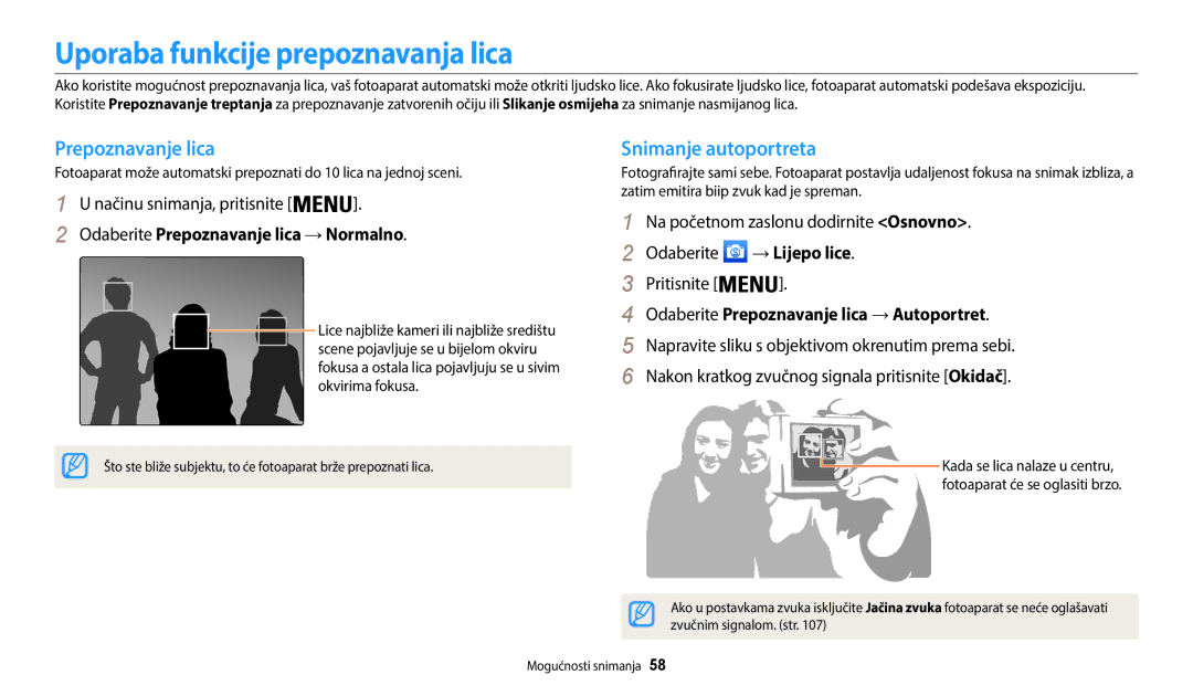 Samsung EC-WB35FZBPBE3 manual Uporaba funkcije prepoznavanja lica, Prepoznavanje lica Snimanje autoportreta, → Lijepo lice 