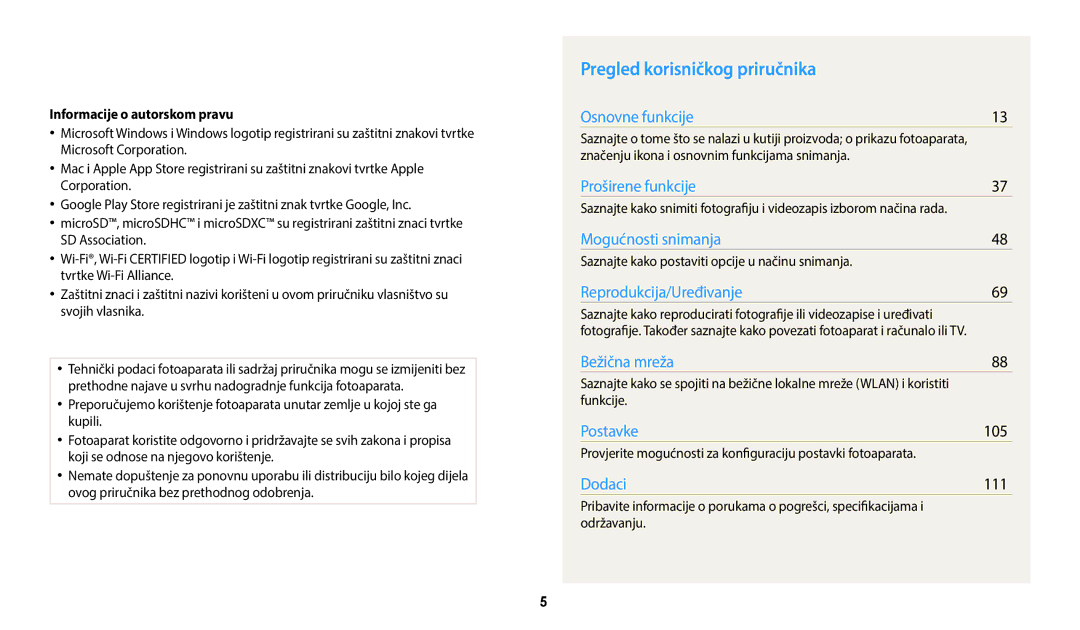 Samsung EC-WB35FZBPBE3 manual Pregled korisničkog priručnika, 105, 111, Informacije o autorskom pravu 