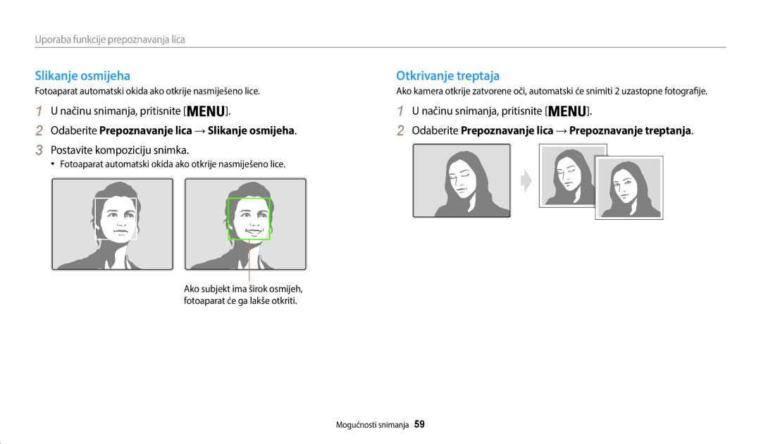 Samsung EC-WB35FZBPBE3 manual Slikanje osmijeha Otkrivanje treptaja, Odaberite Prepoznavanje lica → Slikanje osmijeha 