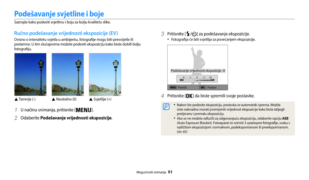 Samsung EC-WB35FZBPBE3 manual Podešavanje svjetline i boje, Ručno podešavanje vrijednosti ekspozicije EV 