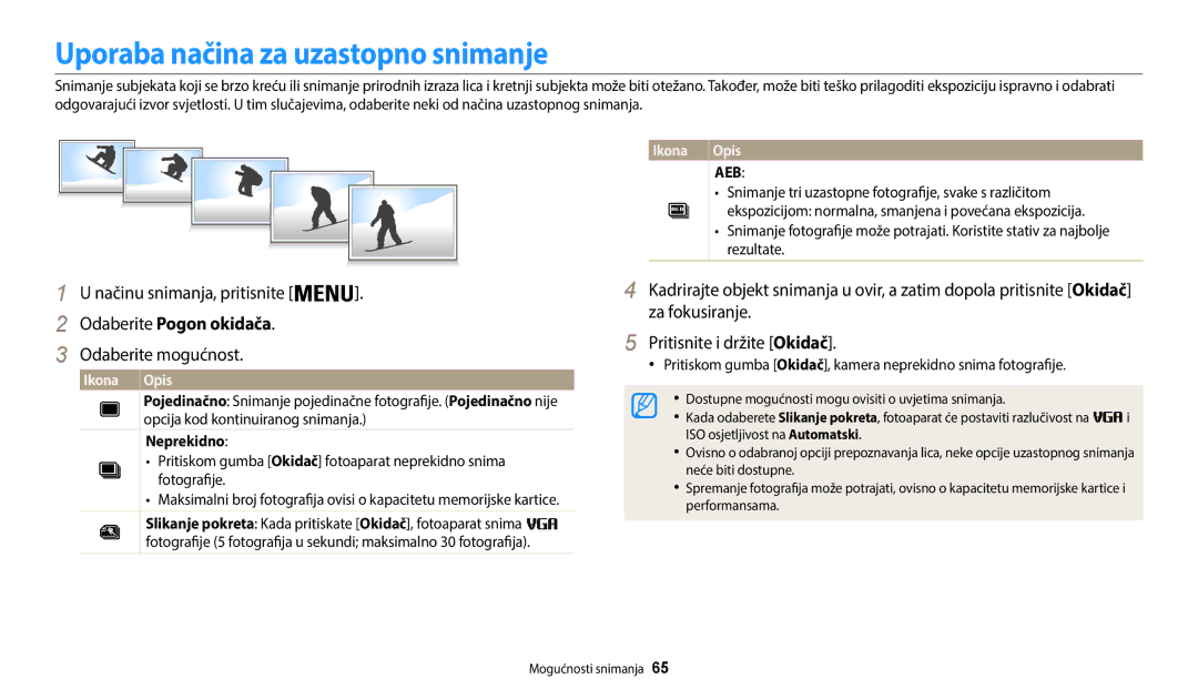 Samsung EC-WB35FZBPBE3 manual Uporaba načina za uzastopno snimanje, Opcija kod kontinuiranog snimanja, Neprekidno 