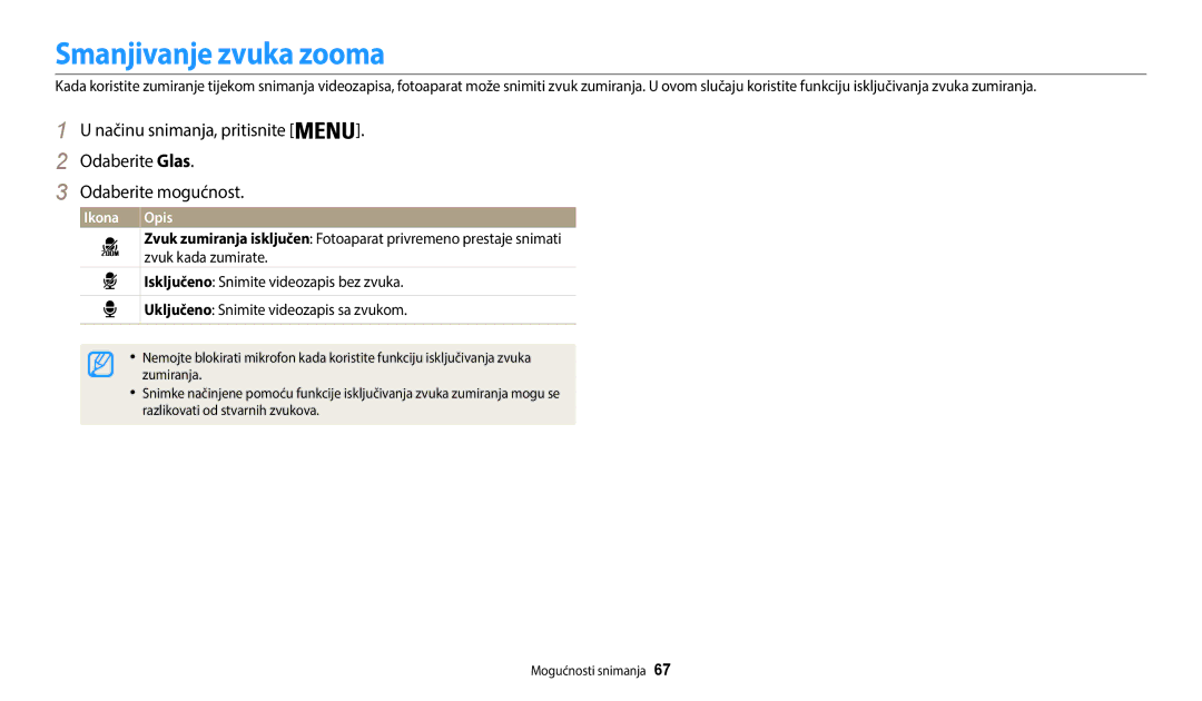 Samsung EC-WB35FZBPBE3 manual Smanjivanje zvuka zooma, Zvuk kada zumirate, Isključeno Snimite videozapis bez zvuka 