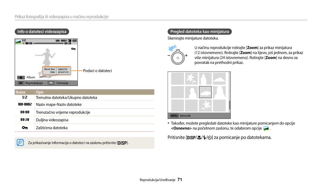 Samsung EC-WB35FZBPBE3 manual Pritisnite / / / za pomicanje po datotekama, Info o datoteci videozapisa 