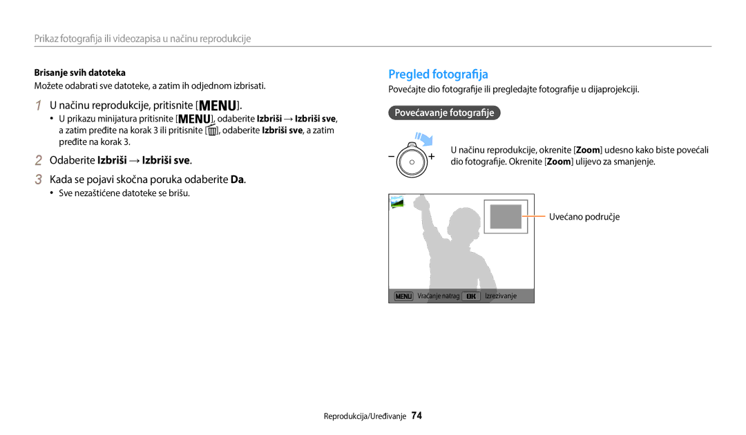 Samsung EC-WB35FZBPBE3 manual Pregled fotografija, Odaberite Izbriši → Izbriši sve, Povećavanje fotografije 