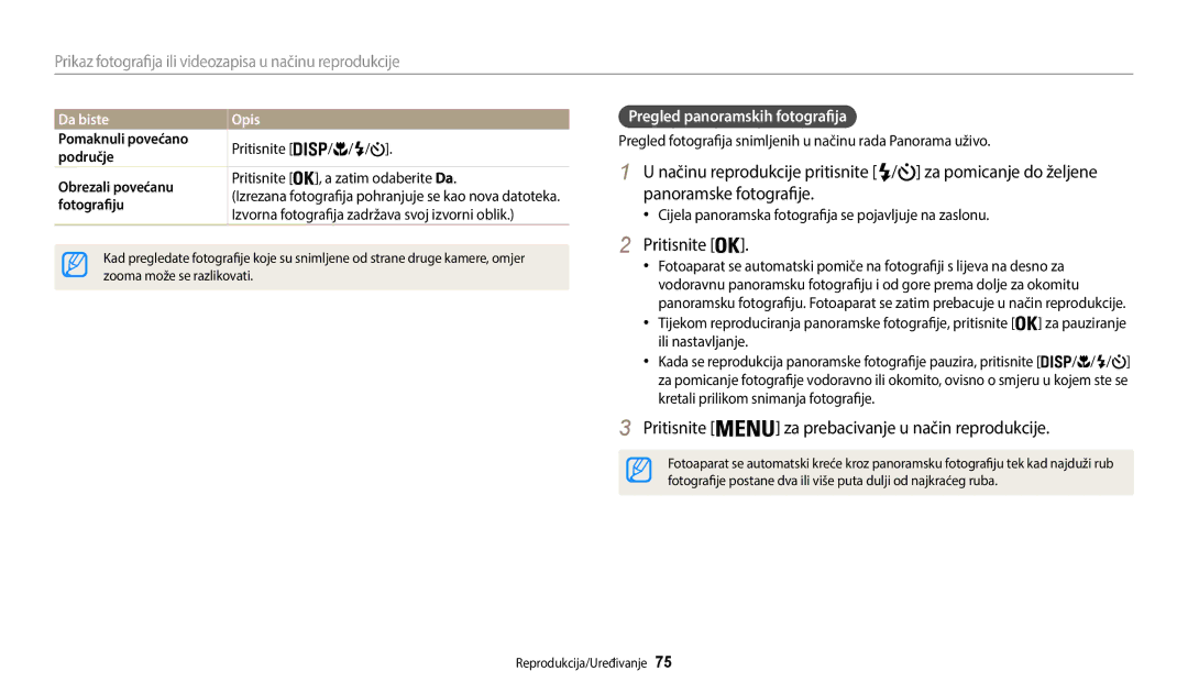 Samsung EC-WB35FZBPBE3 Pritisnite za prebacivanje u način reprodukcije, Pregled panoramskih fotografija, Da biste Opis 
