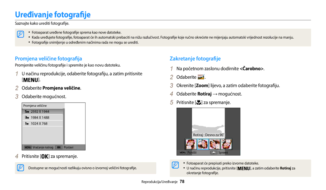 Samsung EC-WB35FZBPBE3 manual Uređivanje fotografije, Promjena veličine fotografija, Zakretanje fotografije 