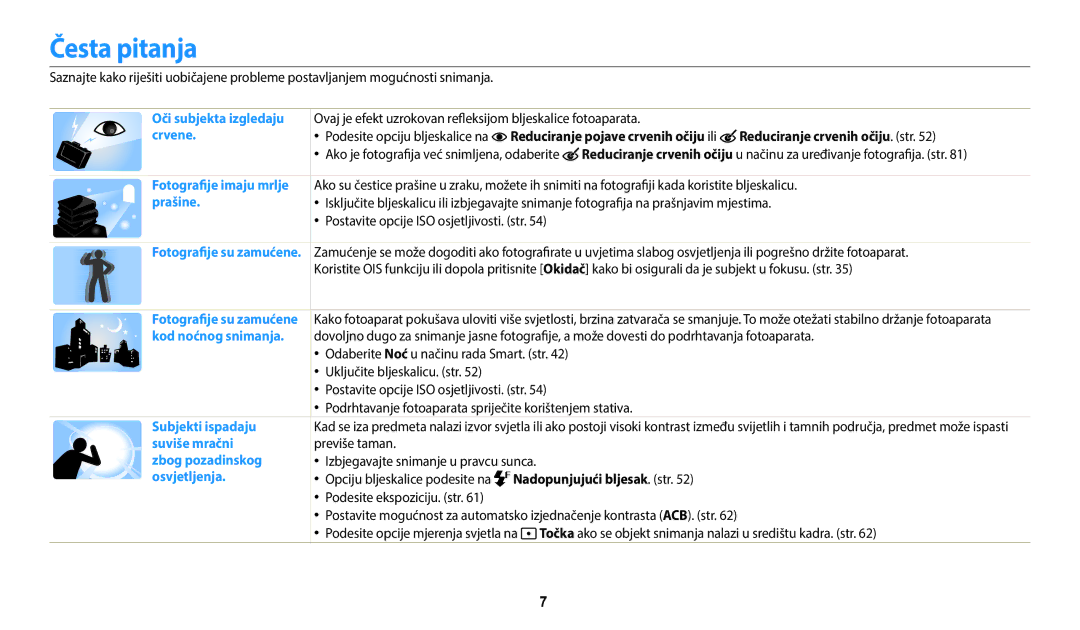 Samsung EC-WB35FZBPBE3 manual Česta pitanja, Reduciranje crvenih očiju. str, Nadopunjujući bljesak. str 