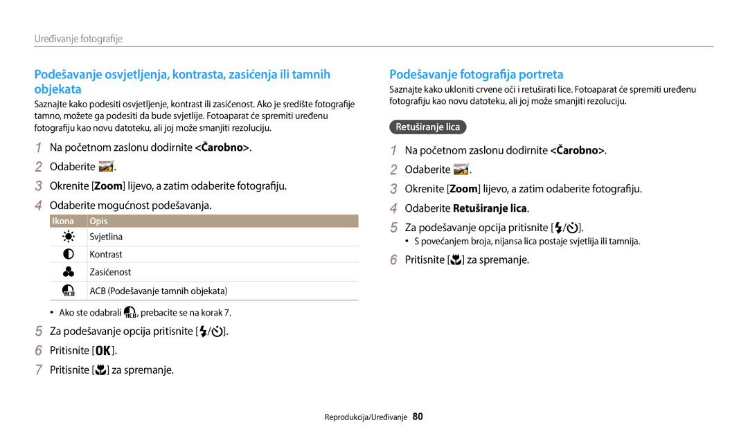 Samsung EC-WB35FZBPBE3 Podešavanje fotografija portreta, Odaberite Retuširanje lica, Za podešavanje opcija pritisnite 