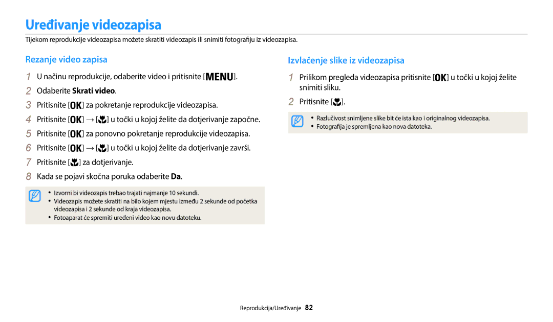 Samsung EC-WB35FZBPBE3 manual Uređivanje videozapisa, Rezanje video zapisa, Izvlačenje slike iz videozapisa 