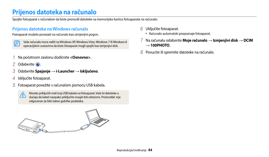 Samsung EC-WB35FZBPBE3 manual Prijenos datoteka na računalo, Prijenos datoteka na Windows računalo, → 100PHOTO 