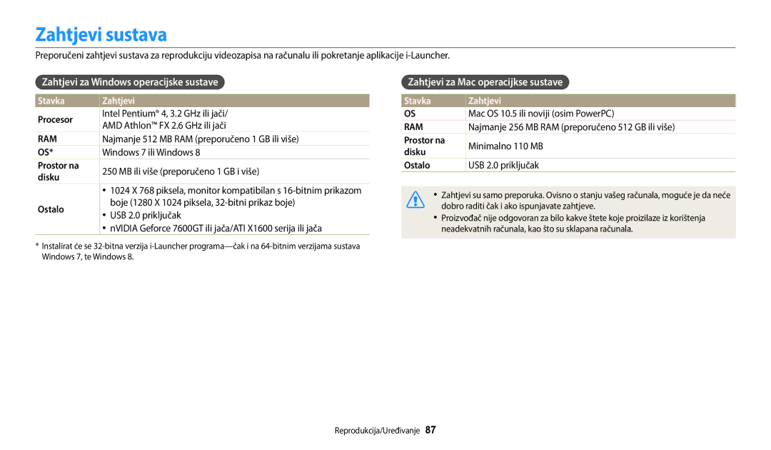 Samsung EC-WB35FZBPBE3 Zahtjevi sustava, Zahtjevi za Windows operacijske sustave, Zahtjevi za Mac operacijkse sustave 