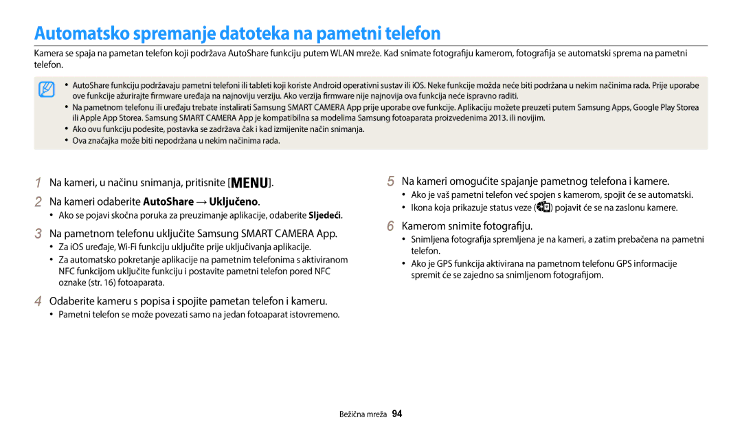 Samsung EC-WB35FZBPBE3 manual Automatsko spremanje datoteka na pametni telefon, Kamerom snimite fotografiju 