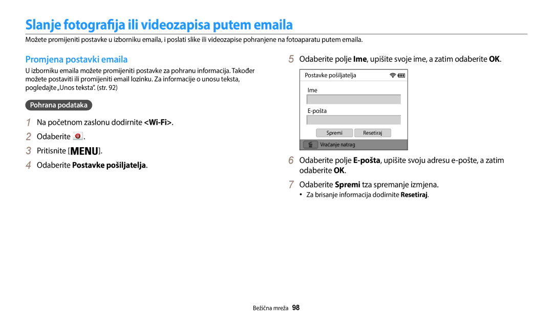 Samsung EC-WB35FZBPBE3 manual Slanje fotografija ili videozapisa putem emaila, Promjena postavki emaila, Pohrana podataka 