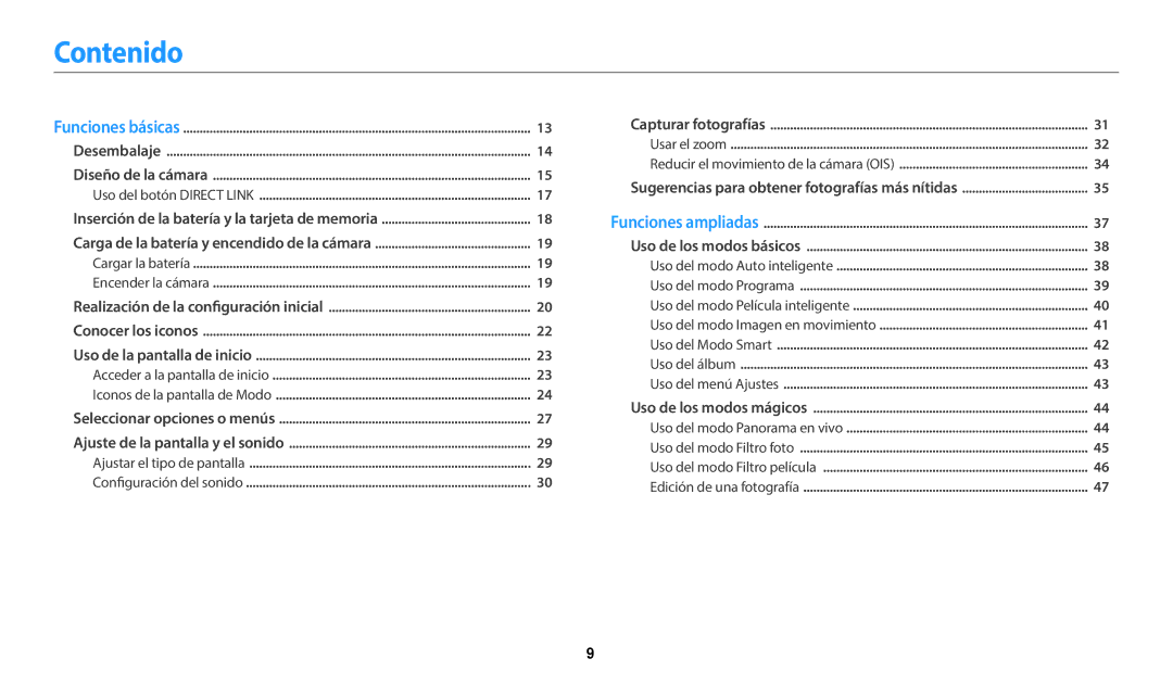 Samsung EC-WB37FZBDLE1, EC-WB37FZBDWE1, EC-WB35FZBPWE1 manual Contenido, Inserción de la batería y la tarjeta de memoria 