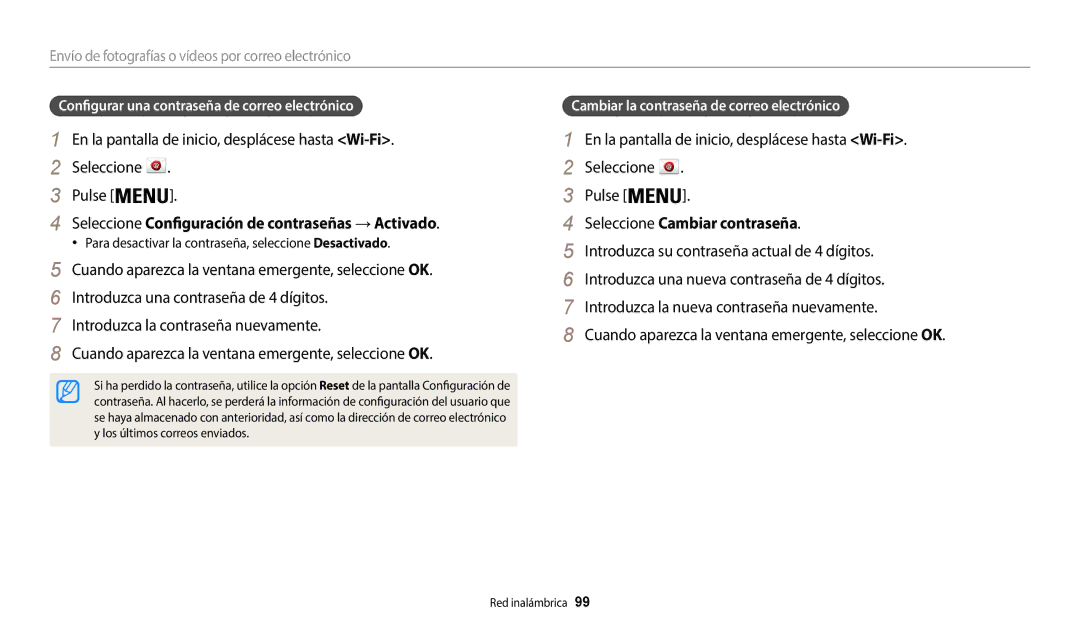 Samsung EC-WB37FZBDLE1, EC-WB37FZBDWE1 Seleccione Configuración de contraseñas →Activado, Seleccione Cambiar contraseña 